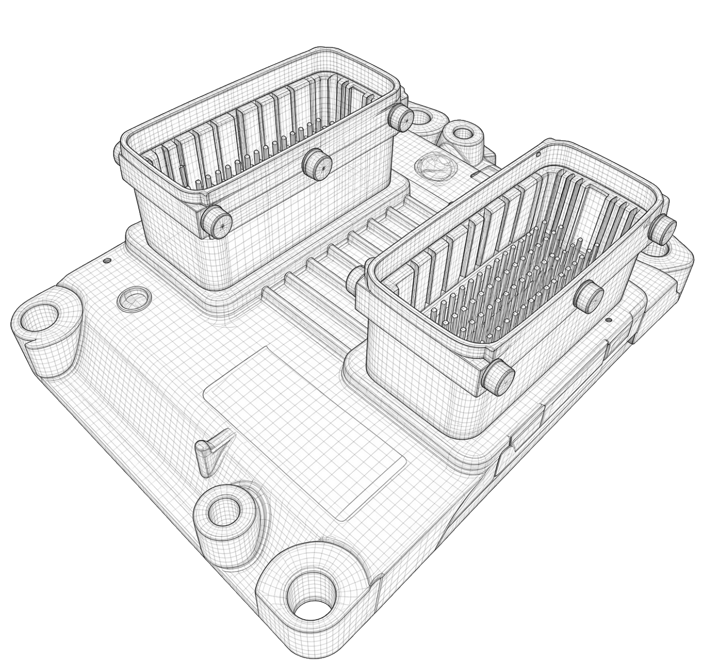 Ferrari 360 ECU wireframe showing the casing and electrical connectors