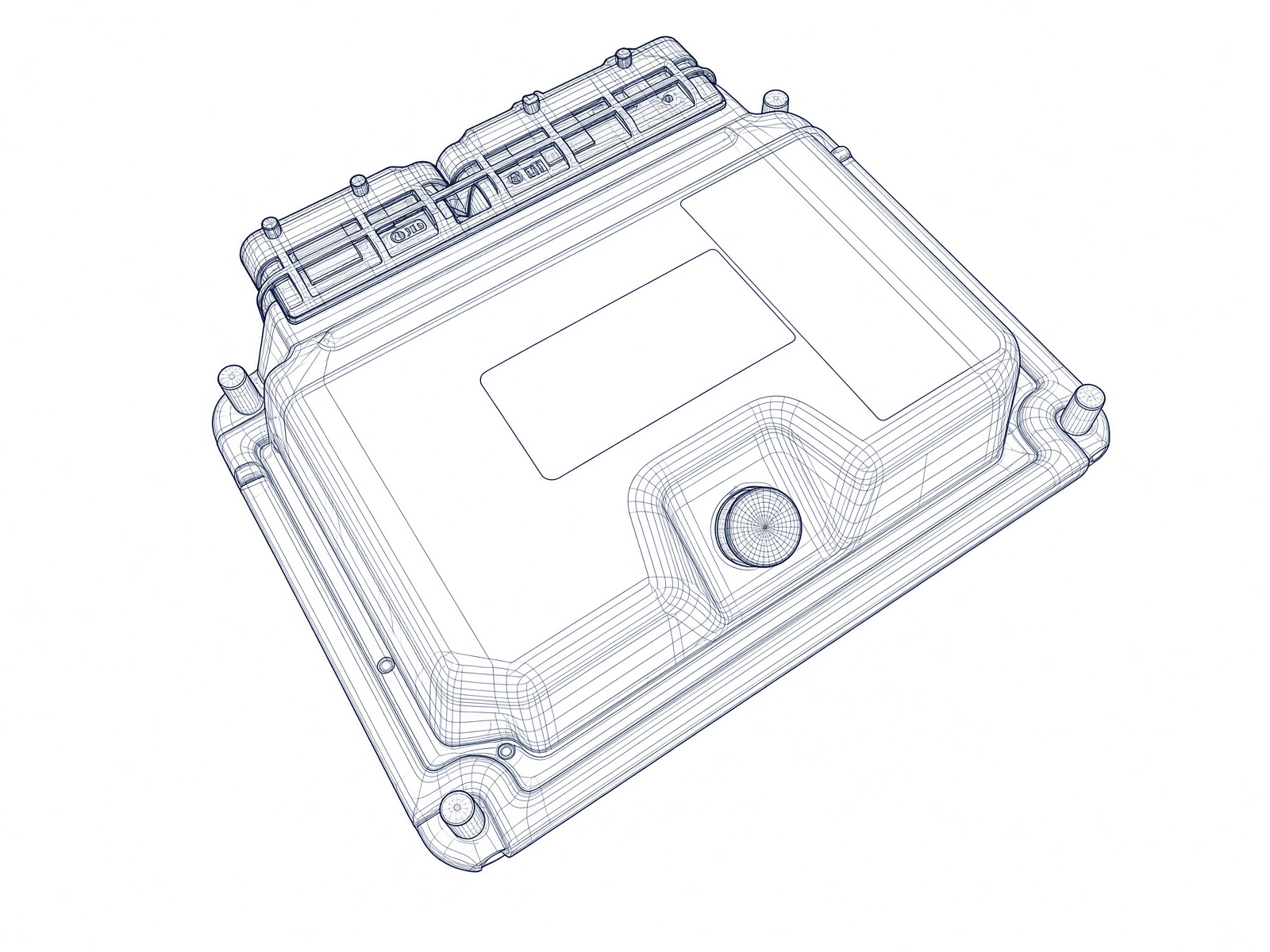 Ferrari F430 ECU wireframe showing the casing and electrical connectors